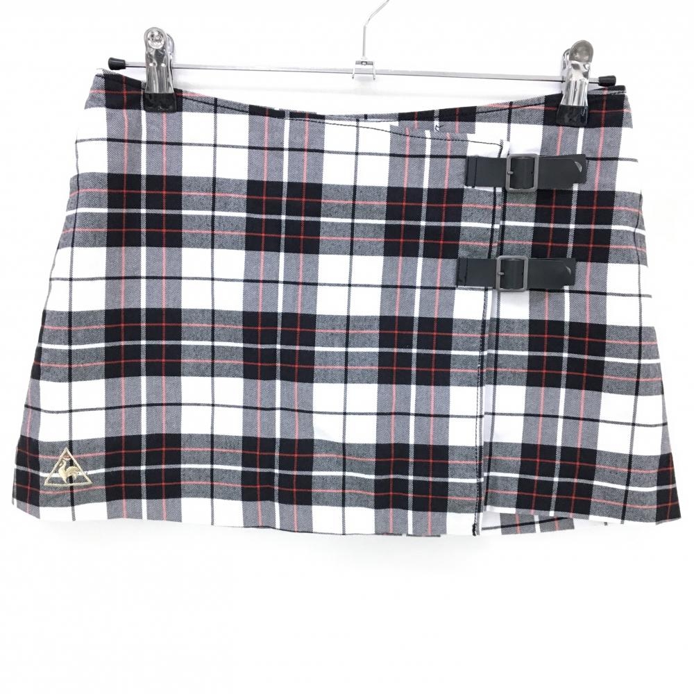 【超美品】ルコック ラップスカート 白×黒 チェック柄 ロゴ刺しゅう レディース 7(S) ゴルフウェア le coq sportif