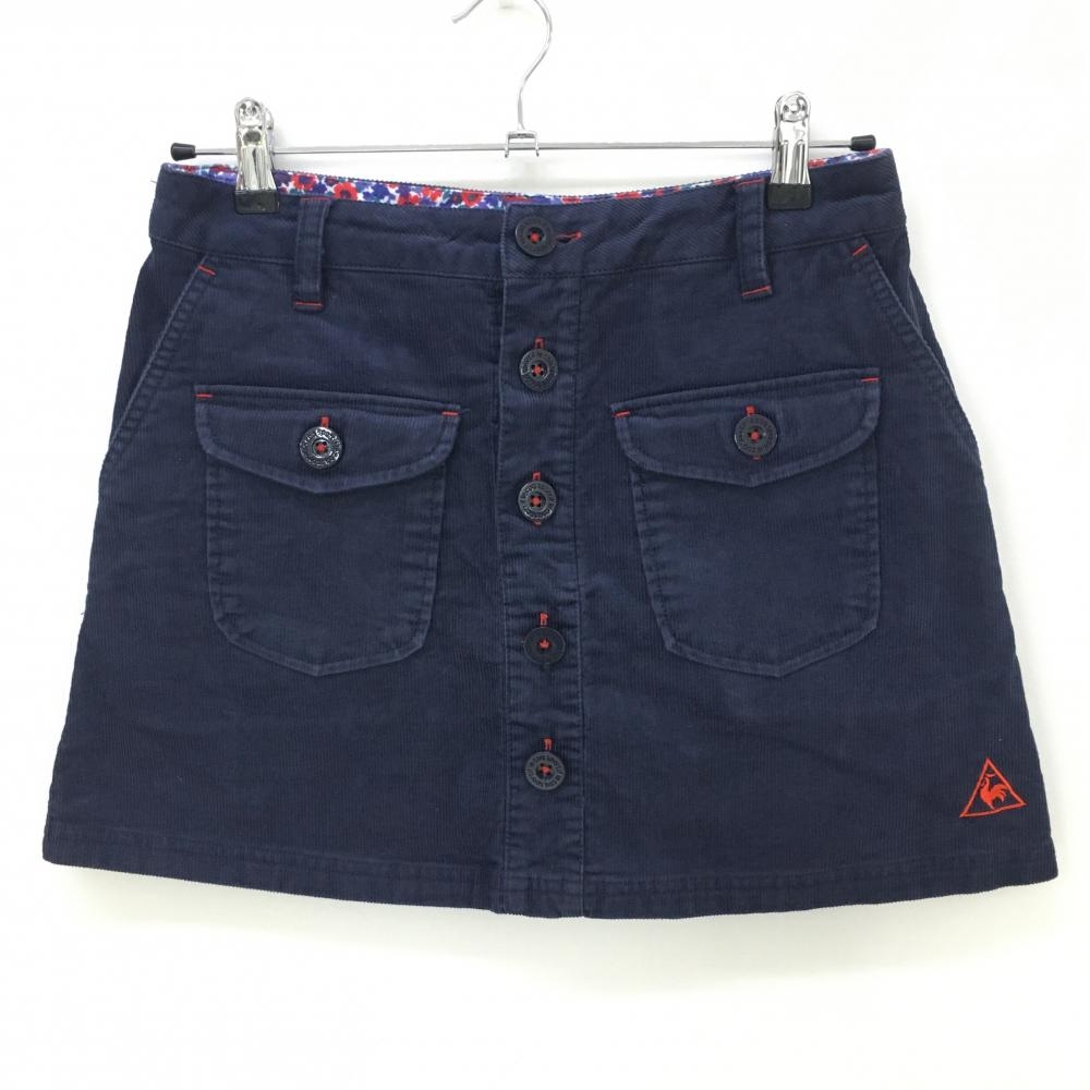 ルコック コーデュロイスカート ネイビー フロントボタン 6ポケット ベルト部内側花柄  レディース 9 ゴルフウェア le coq sportif