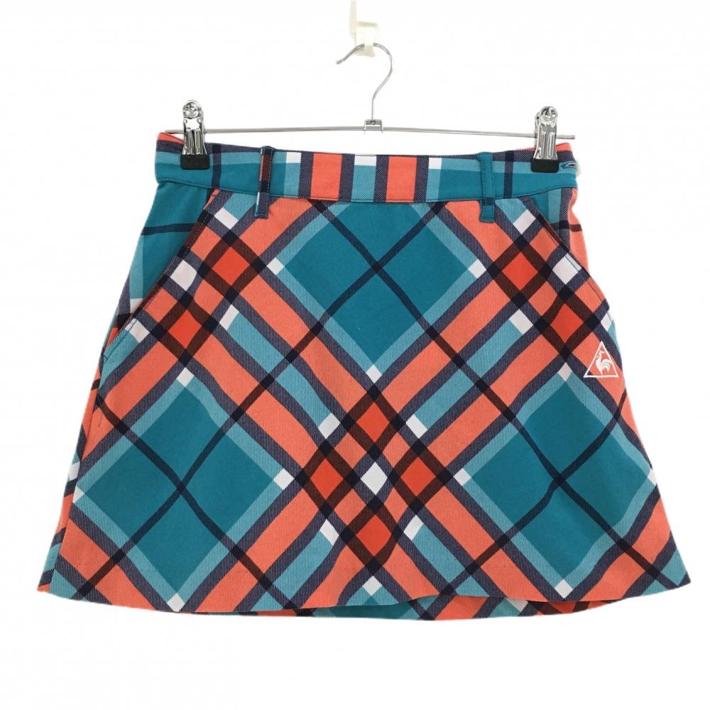 【超美品】ルコック スカート グリーン×オレンジ チェック レディース 7 ゴルフウェア le coq sportif