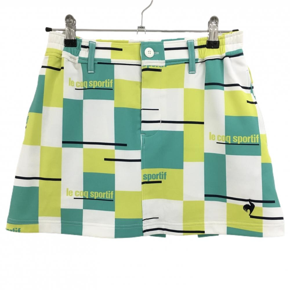 ルコックゴルフ スカート 白×ライトグリーン 総柄 メッシュ裏地  レディース 9 ゴルフウェア le coq sportif