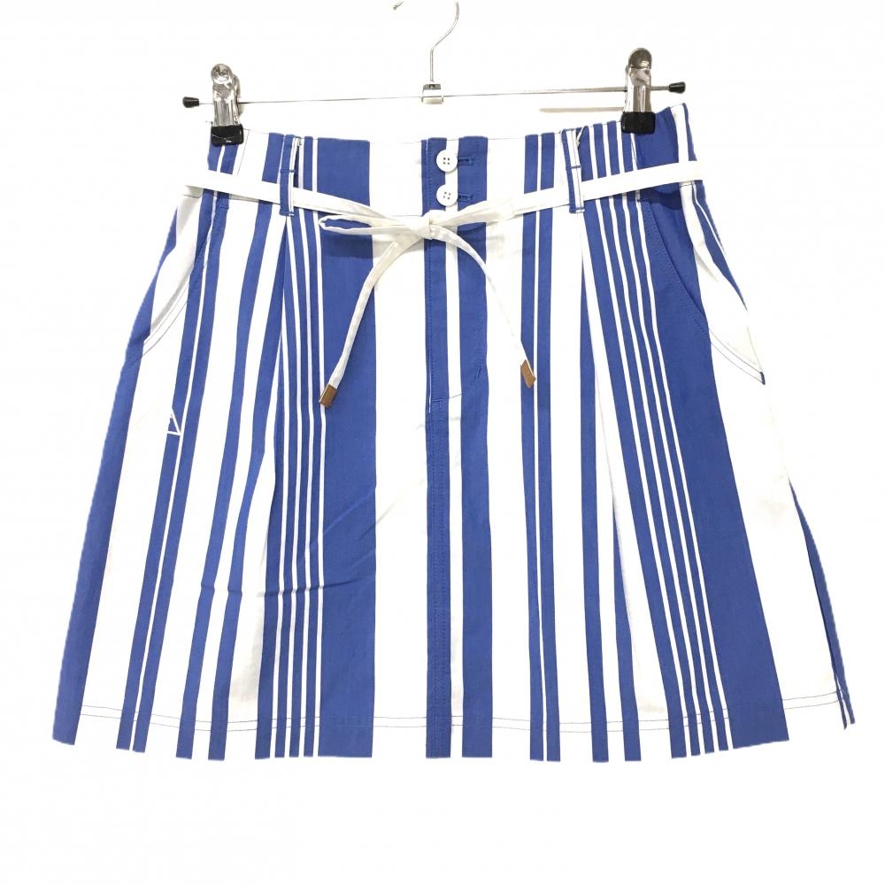 【新品】ルコック スカート 白×ブルー ストライプ ストレッチ 共布ベルト付 レディース 11 ゴルフウェア le coq sportif