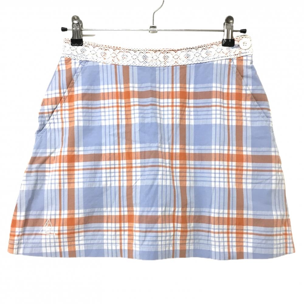 【美品】ルコック スカート ライトブルー×オレンジ チェック ウエストレース レディース 9 ゴルフウェア le coq sportif