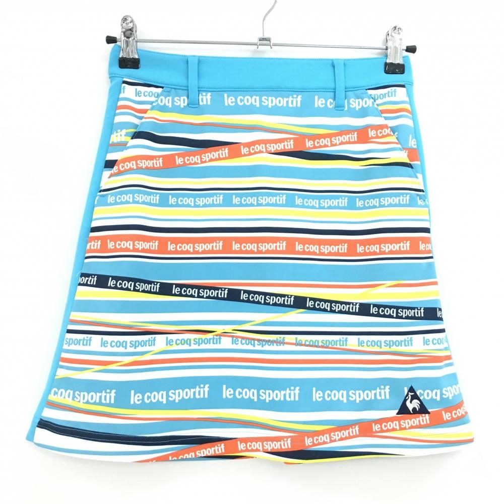 【美品】ルコックゴルフ スカート ライトブルー×オレンジ×イエロー ボーダー調 ロゴライン レディース 7 ゴルフウェア le coq sportif