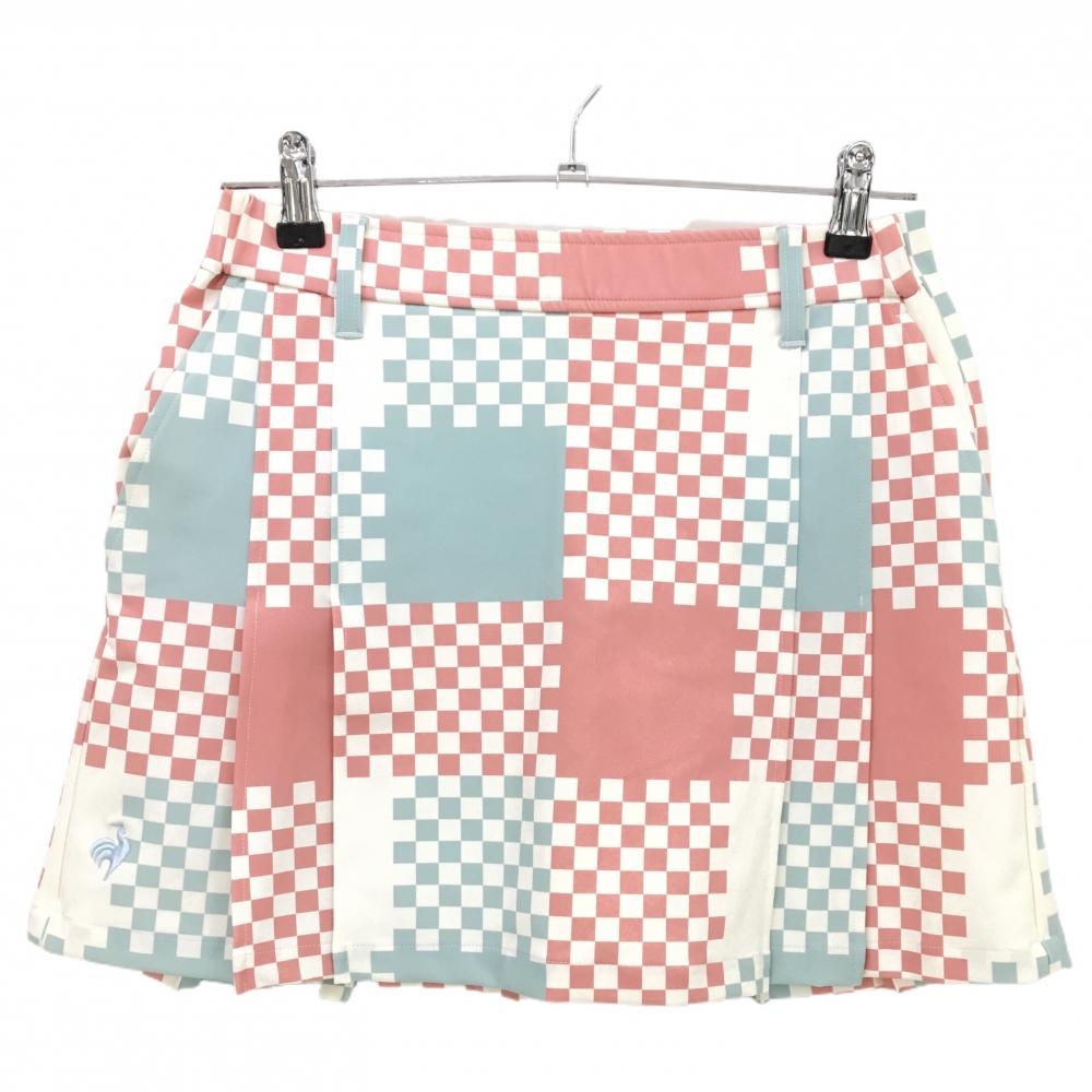 【超美品】ルコックゴルフ スカート 白×ピンク ブロック柄 ストレッチ 内側インナーパンツ レディース 9 ゴルフウェア le coq sportif