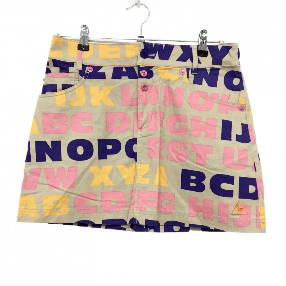【美品】ルコックゴルフ スカート ベージュ×パープル 英字総柄 裾ロゴ レディース 11 ゴルフウェア le coq sportif