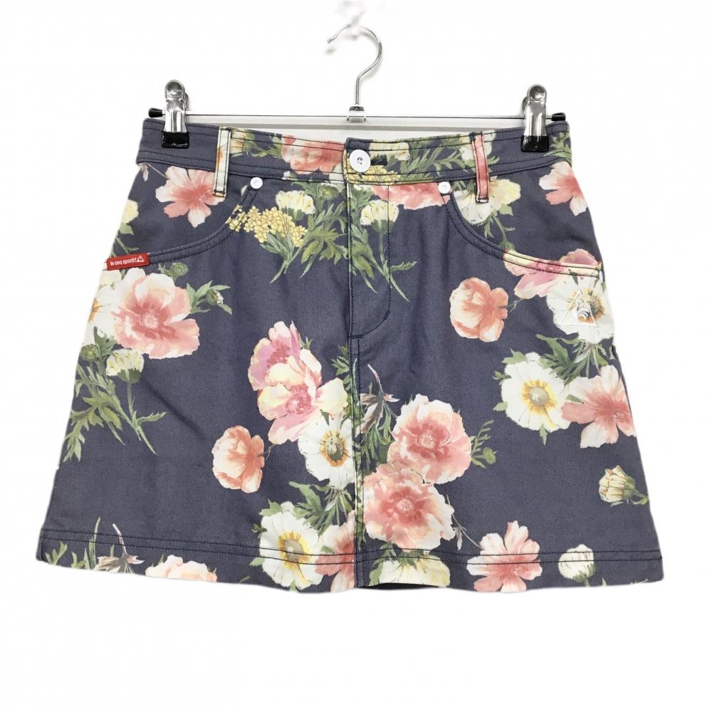 【超美品】ルコックゴルフ スカート ネイビー×ピンク 花柄 ストレッチ 内側インナーパンツ レディース 9 ゴルフウェア le coq sportif