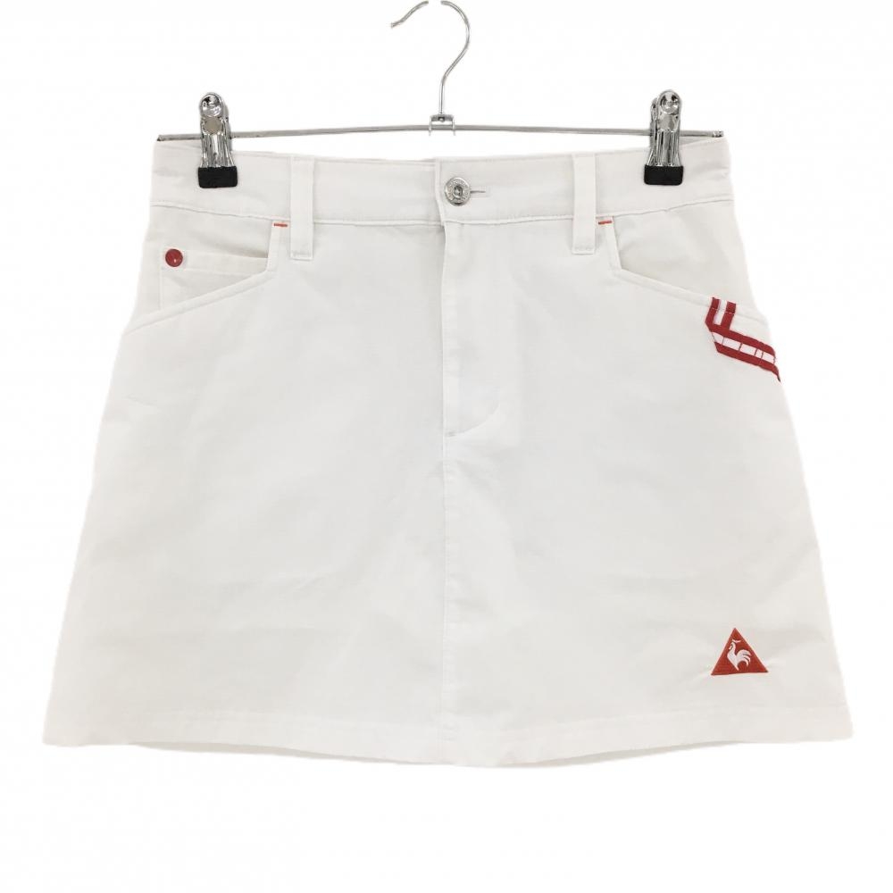 【美品】ルコックゴルフ スカート 白×レッド ロゴ刺しゅう ストレッチ 内側インナーパンツ  レディース 7 ゴルフウェア le coq sportif