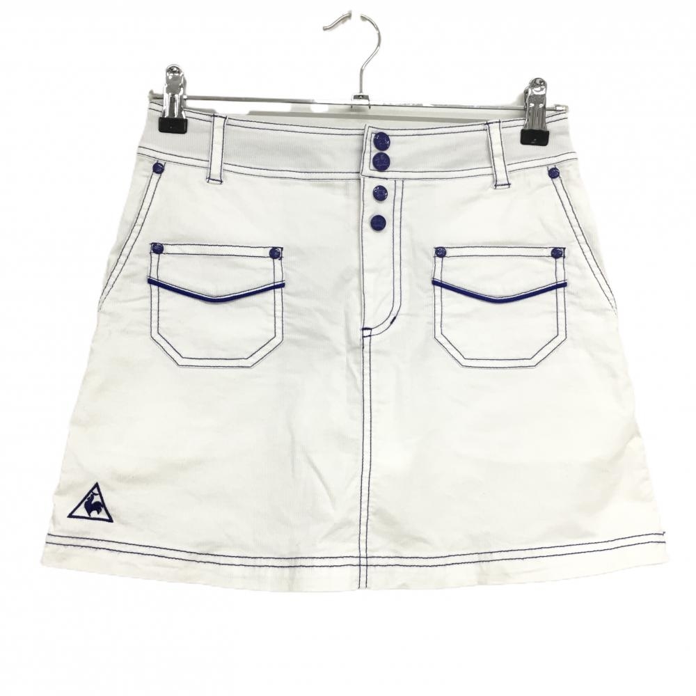 【美品】ルコックゴルフ スカート 白 ステッチブルー ストライプ地模様 レディース 9 ゴルフウェア le coq sportif