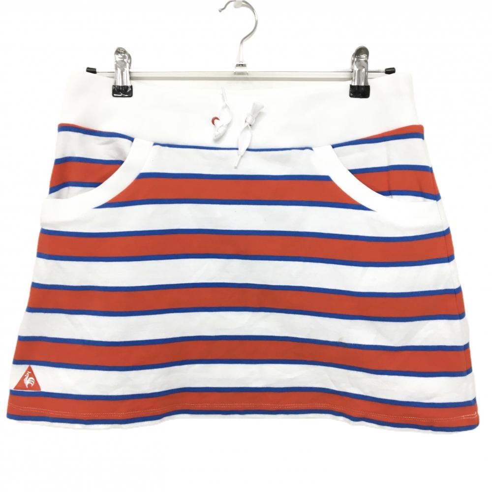 【美品】ルコックゴルフ スカート 白×レッド×ブルー ボーダー ウエスト調整紐 レディース LL ゴルフウェア le coq sportif