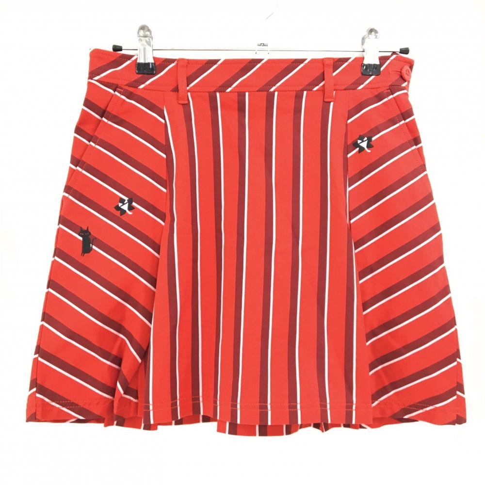 【超美品】ルコックゴルフ スカート レッド×ボルドー系×白 ストライプ ロゴ刺しゅう レディース 11(L) ゴルフウェア le coq sportif