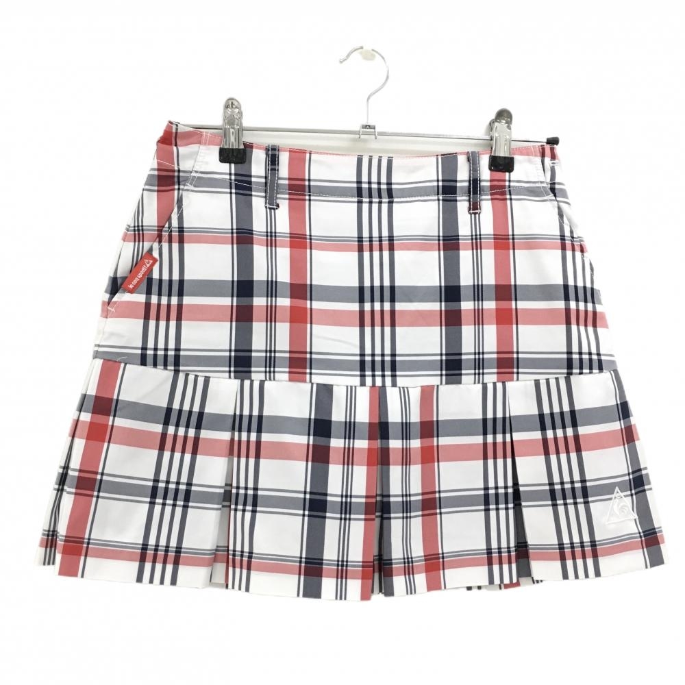 【美品】ルコックゴルフ プリーツスカート 白×ネイビー チェック柄 裾ロゴ  レディース 9 ゴルフウェア le coq sportif