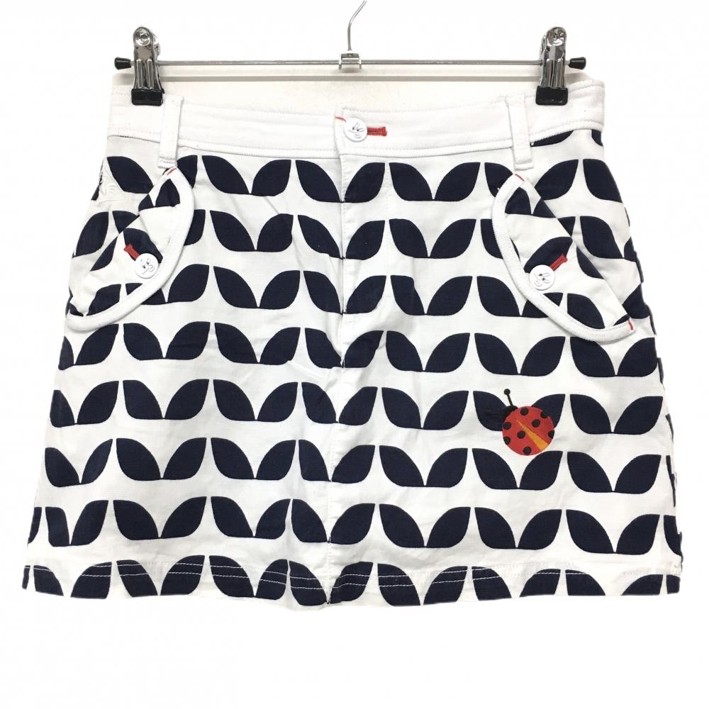 ルコックゴルフ スカート 白×ダークネイビー 総柄 てんとう虫刺しゅう 内側インナーパンツ レディース 9 ゴルフウェア le coq sportif