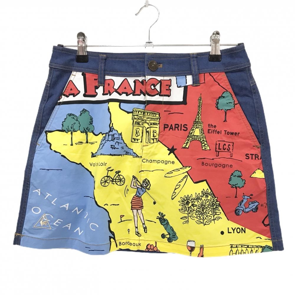 【超美品】ルコックゴルフ スカート ブルー×イエロー×レッド 前面地図柄 ストレッチ レディース 9 ゴルフウェア le coq sportif