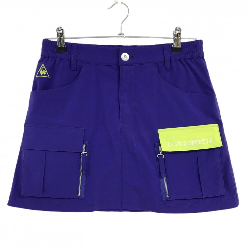 【超美品】ルコックゴルフ カーゴスカート パープル×蛍光グリーン ベルト部一部ゴム レディース 9 ゴルフウェア le coq sportif