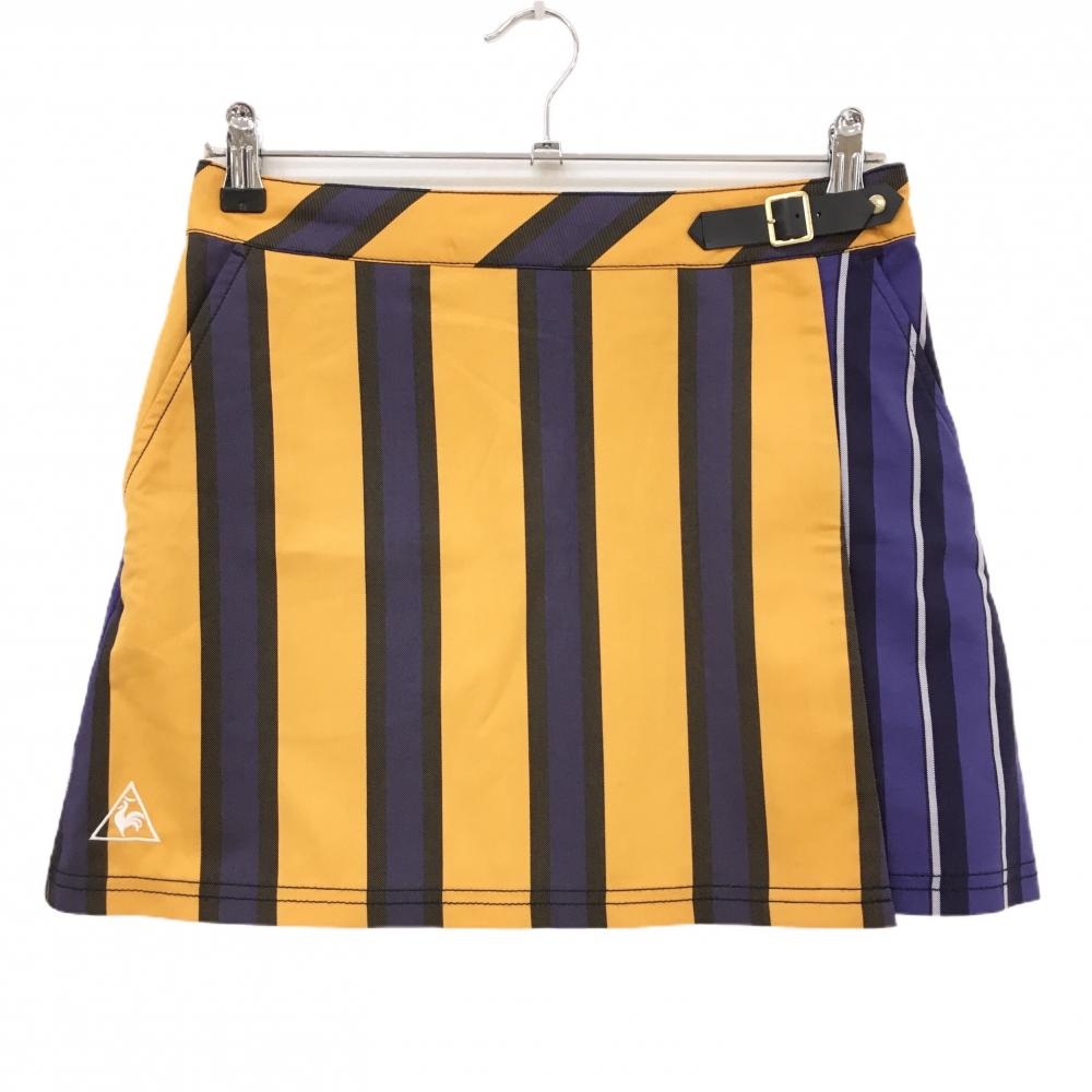 【美品】ルコックゴルフ スカート イエロー×ネイビー ストライプ 巻きスカート風 レディース 9 ゴルフウェア le coq sportif