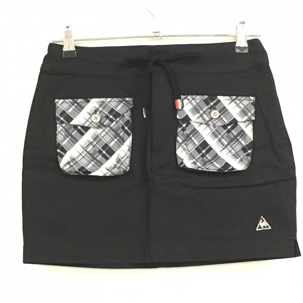 【超美品】ルコック スカート 黒×グレー ポケットチェック柄 ロゴワッペン ストレッチ  レディース S ゴルフウェア le coq sportif