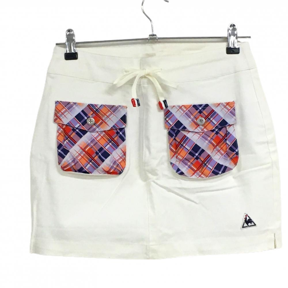 【美品】ルコック スカート 白×パープル ポケットチェック柄 ロゴワッペン ストレッチ  レディース S ゴルフウェア le coq sportif