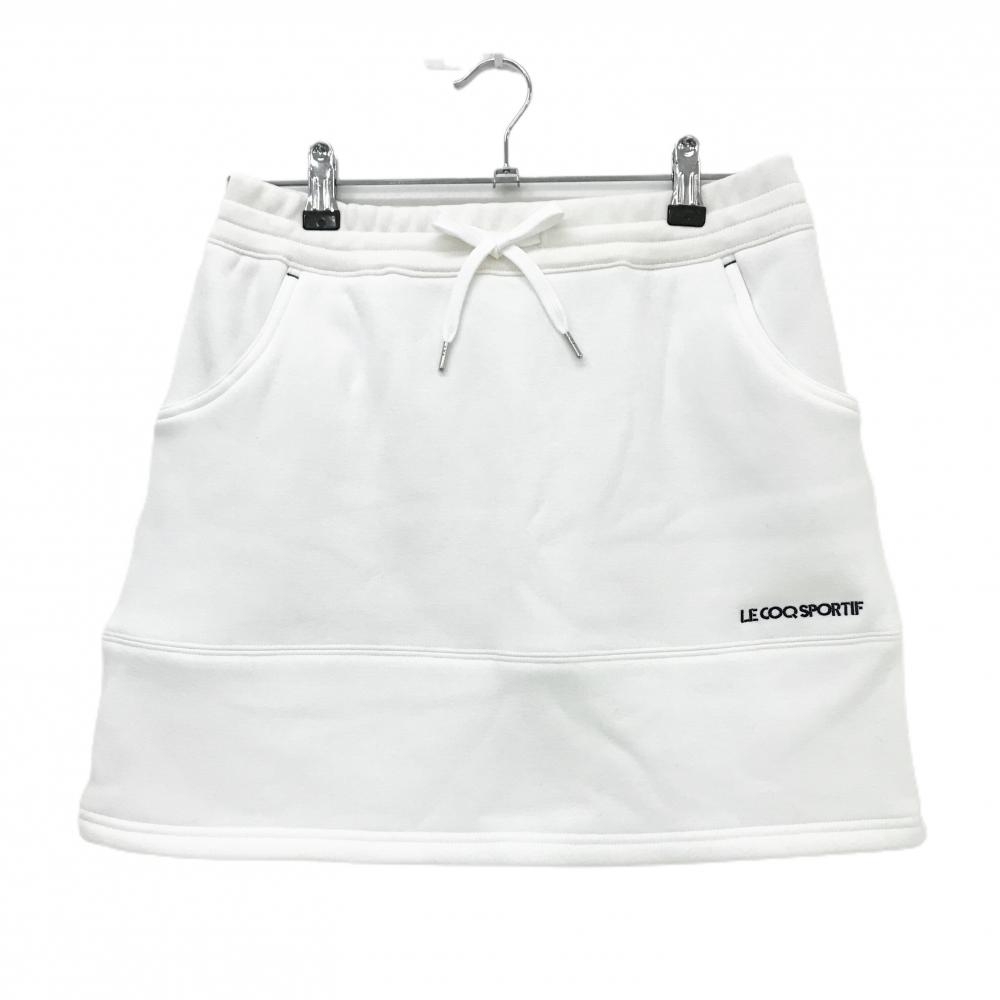 【美品】ルコックゴルフ スカート 白×ネイビー ウエストゴム 裏起毛 ロゴ刺しゅう レディース L ゴルフウェア le coq sportif