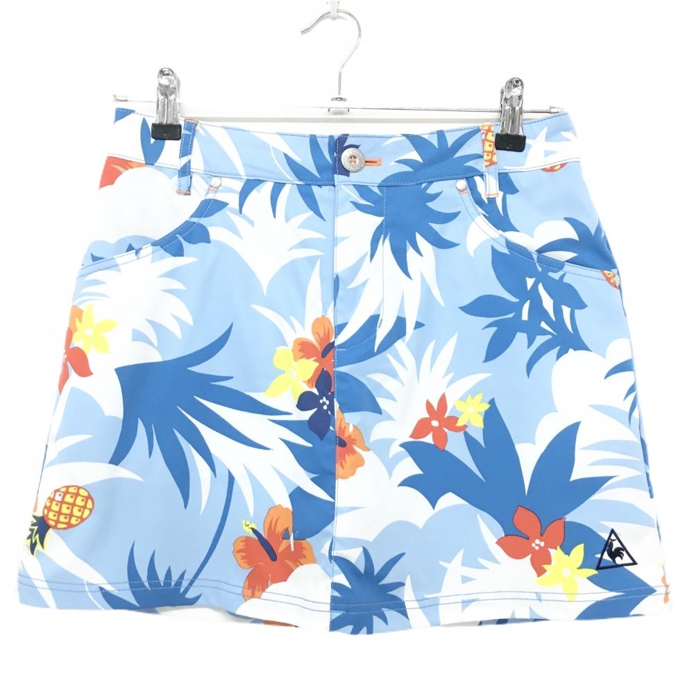 【美品】ルコックゴルフ スカート ライトブルー×白 総柄 花 パイナップル 内側インナーパンツ レディース 9 ゴルフウェア le coq sportif