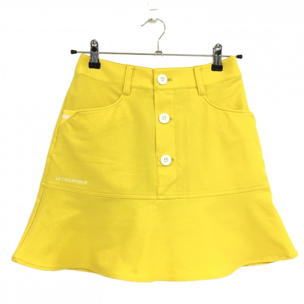 【超美品】ルコックゴルフ スカート イエロー×白 フロントボタン 裾フリル 内側インナーパンツ レディース S ゴルフウェア le coq sportif