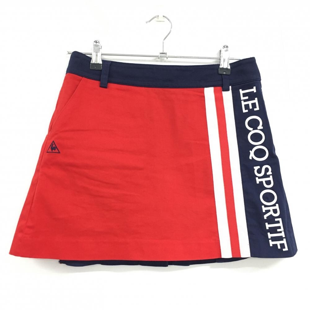 【美品】ルコックゴルフ スカート レッド×ネイビー 後ろプリーツ 韓国モデル ロゴ レディース 7 ゴルフウェア le coq sportif