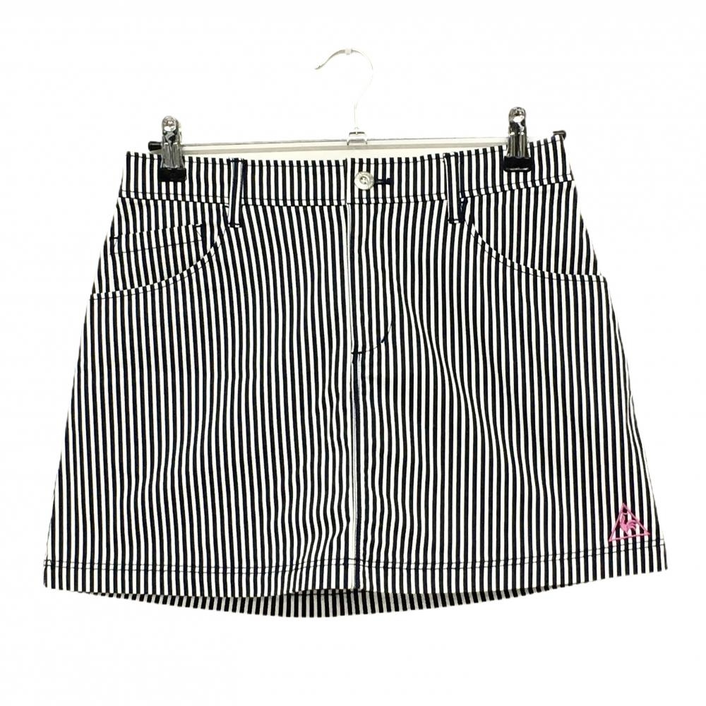 【美品】ルコックゴルフ スカート 白×ネイビー ストライプ ロゴピンク レディース 9 ゴルフウェア le coq sportif