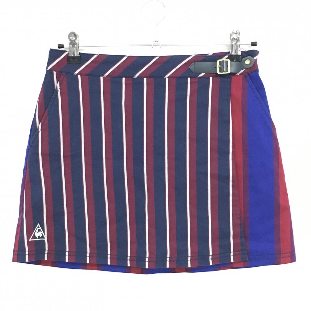 【美品】ルコックゴルフ スカート ネイビー×ボルドー ストライプ 裾ロゴ  レディース 9 ゴルフウェア le coq sportif