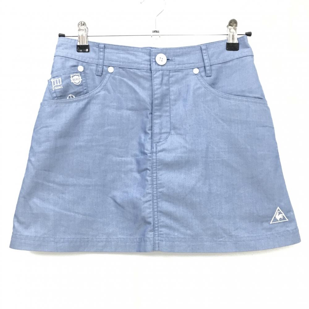 【超美品】ルコックゴルフ スカート 杢ブルー系×白 ロゴ刺しゅう 内側インナーパンツ  レディース 9 ゴルフウェア le coq sportif