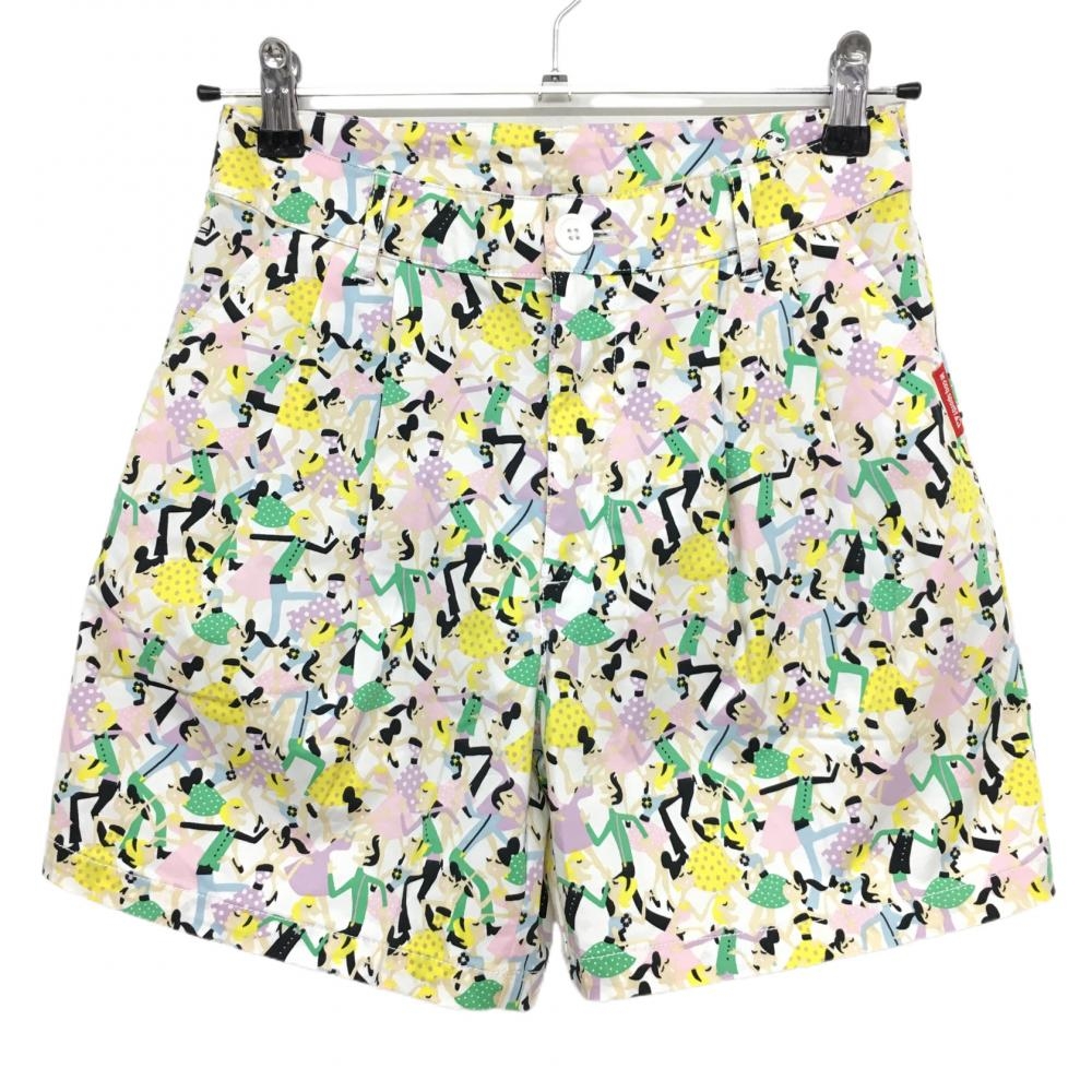 【超美品】ルコック キュロットスカート 白×マルチカラー 総柄 ダンス バックロゴ刺しゅう レディース 7(S) ゴルフウェア le coq sportif