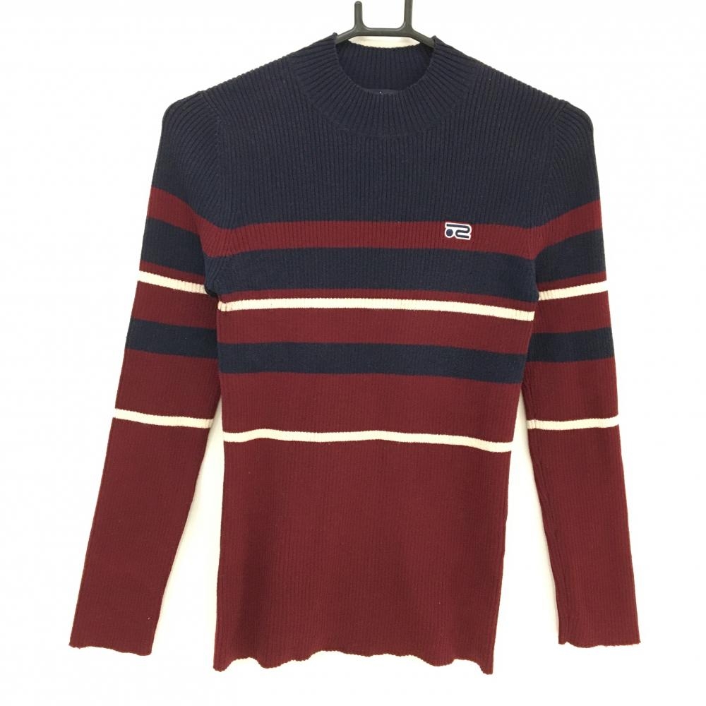 【美品】ロサーセン ハイネックセーター ボルドー×ネイビー リブニット ランダムボーダー  レディース L ゴルフウェア Rosasen