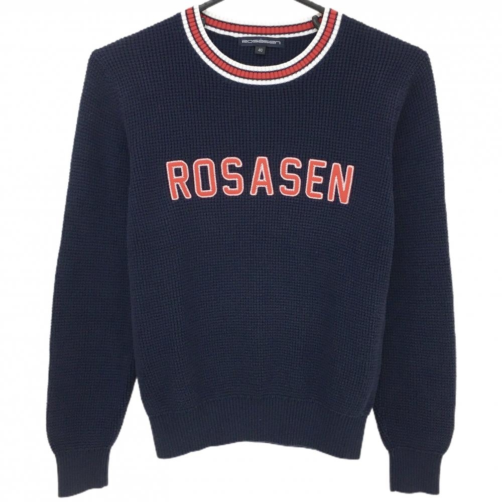 【美品】ロサーセン セーター ネイビー×レッド ニット ウール混 レディース 40(M) ゴルフウェア Rosasen