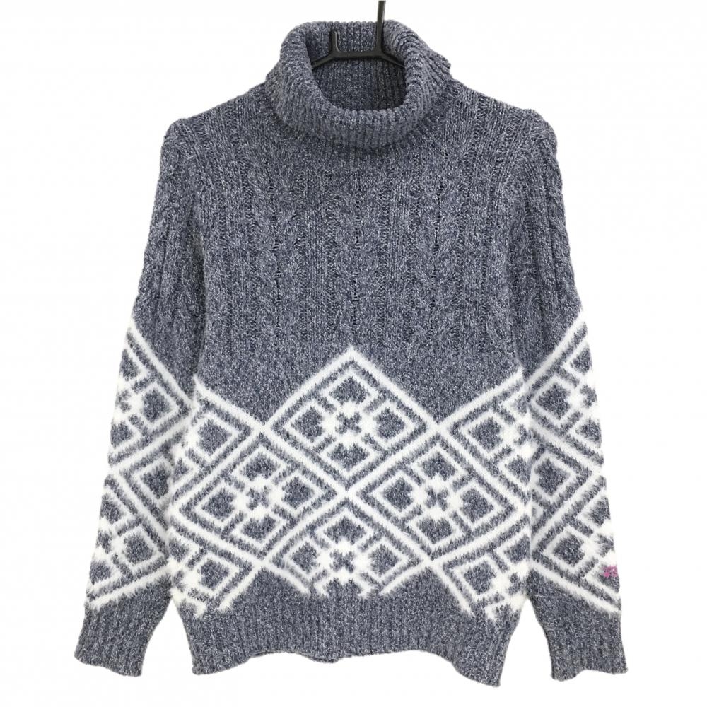 【超美品】ロサーセン タートルネックセーター×白 下部柄 ケーブル編み 白地モヘア風  レディース M ゴルフウェア Rosasen