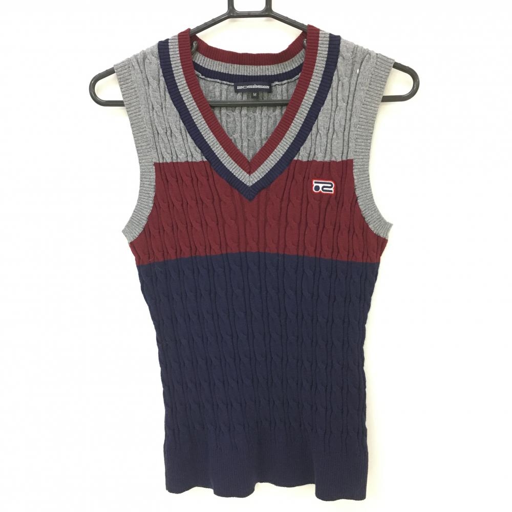 【超美品】ロサーセン ニットベスト グレー×ボルドー×ネイビー Vネック ケーブル編み レディース M ゴルフウェア Rosasen