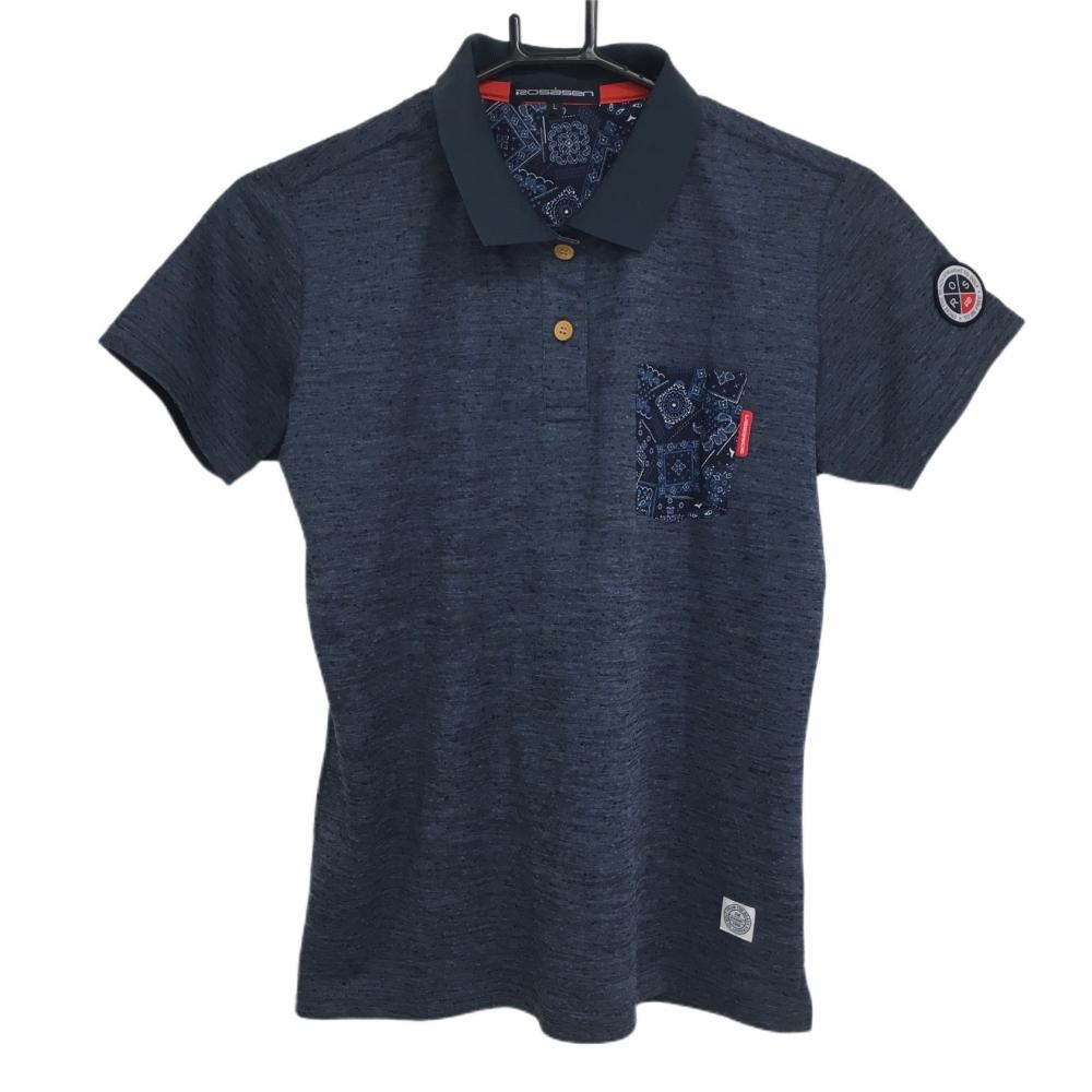 【超美品】ロサーセン 半袖ポロシャツ グレー×ネイビー ポケットペイズリー柄 レディース L ゴルフウェア Rosasen