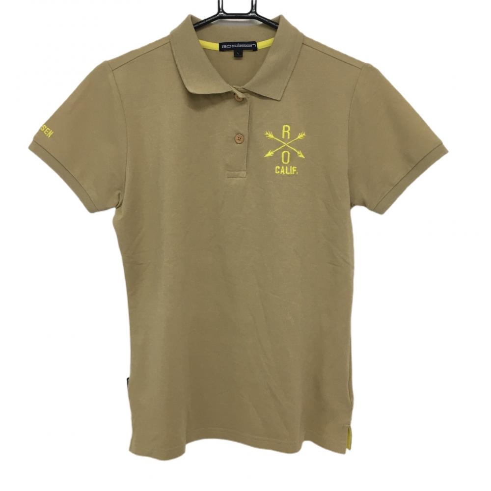 【美品】ロサーセン 半袖ポロシャツ ベージュ×イエロー 胸元刺しゅう  レディース L ゴルフウェア Rosasen