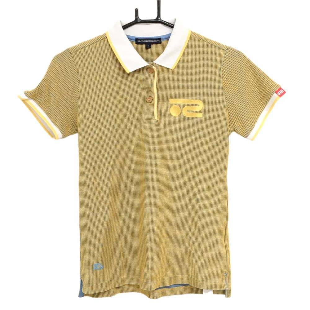 【超美品】ロサーセン 半袖ポロシャツ イエロー×ライトブルー 織生地 ロゴ刺しゅう レディース M ゴルフウェア Rosasen