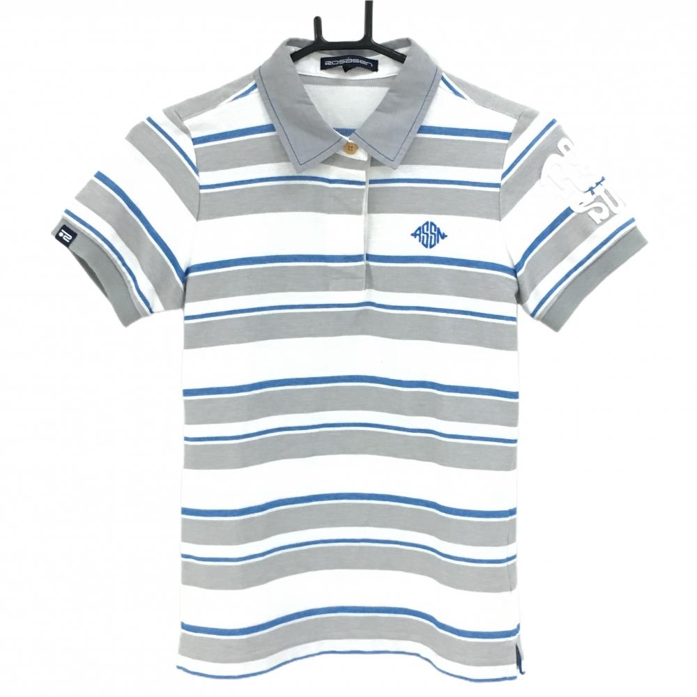 【美品】ロサーセン 半袖ポロシャツ 白×グレー×ブルー ボーダー  レディース M ゴルフウェア Rosasen