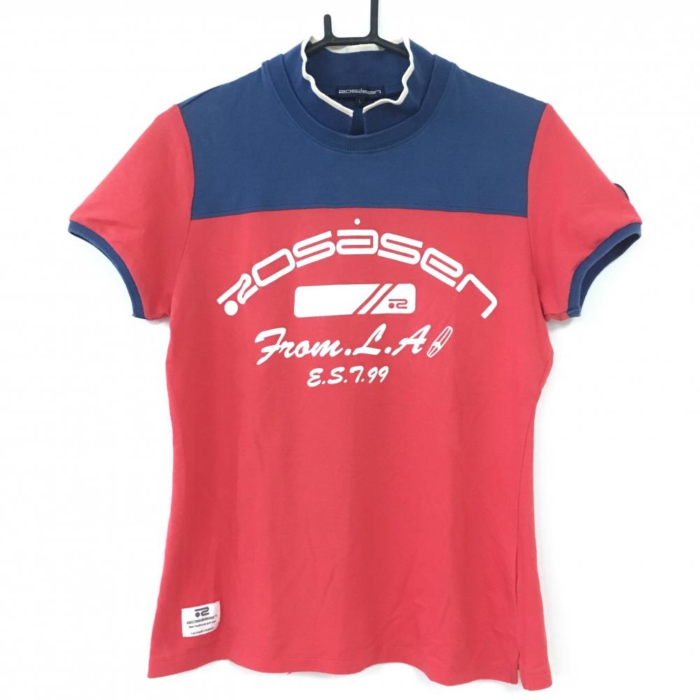 Rosasen ロサーセン 襟付きTシャツ レッド×ネイビー フロッキープリント レディース Ｌ ゴルフウェア 画像