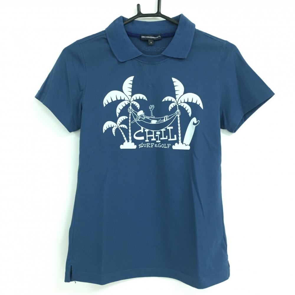 ロサーセン 襟付き半袖シャツ ネイビー×白 ヤシの木プリント レディース M ゴルフウェア Rosasen