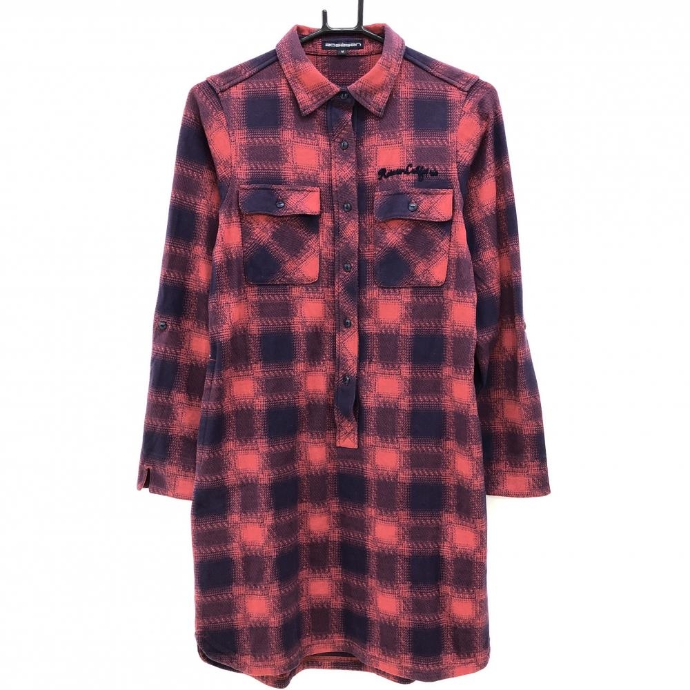 【美品】ロサーセン 長袖ポロワンピース レッド×パープルネイビー チェック  レディース M ゴルフウェア Rosasen
