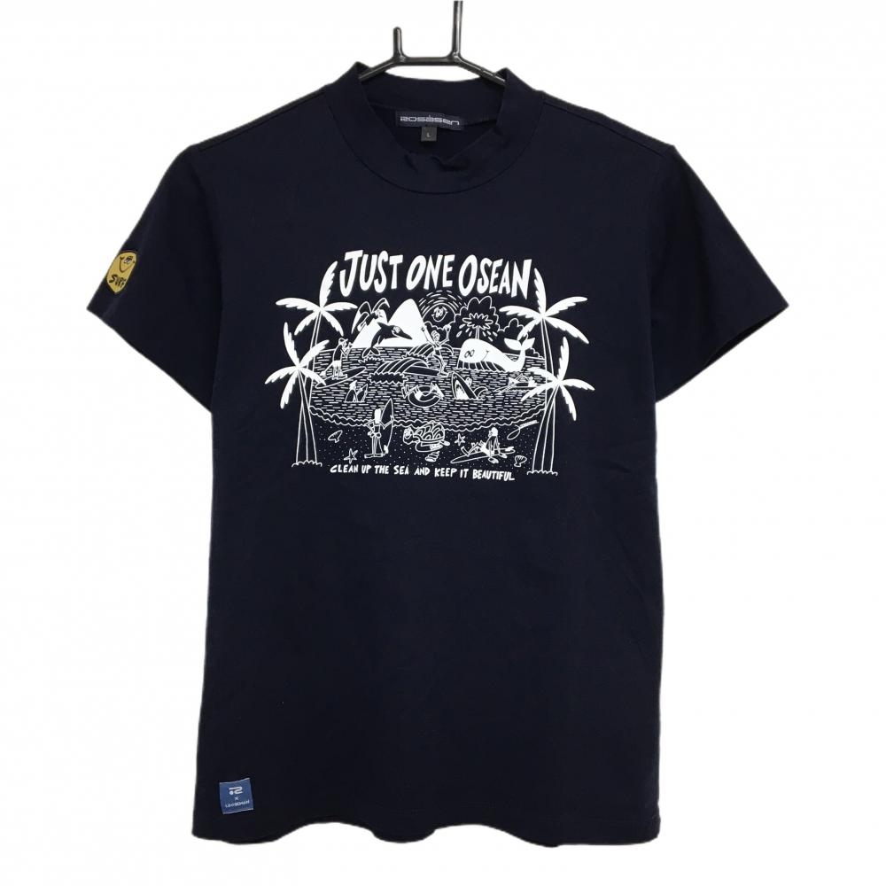 【超美品】ロサーセン×LOOSEMAN 半袖ハイネックシャツ ネイビー×白 ルーズマン 袖スマイル レディース L ゴルフウェア Rosasen