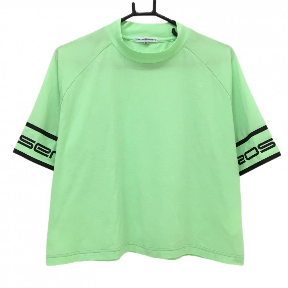 【超美品】ロサーセン 半袖ハイネックシャツ 蛍光グリーン ストレッチ 袖口ロゴ レディース M ゴルフウェア Rosasen