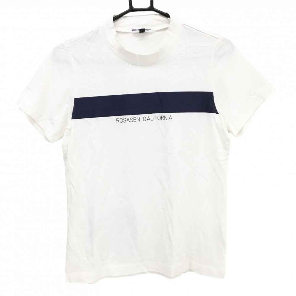 【美品】ロサーセン 半袖ハイネックシャツ 白×ネイビー 背面メッシュポケット レディース L ゴルフウェア Rosasen