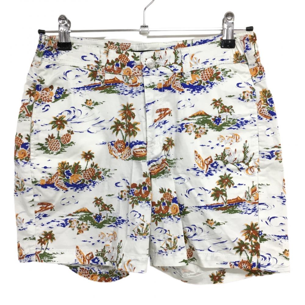 【超美品】ロサーセン ショートパンツ 白×ブルー ヤシの木柄 パイナップル柄 レディース M ゴルフウェア Rosasen