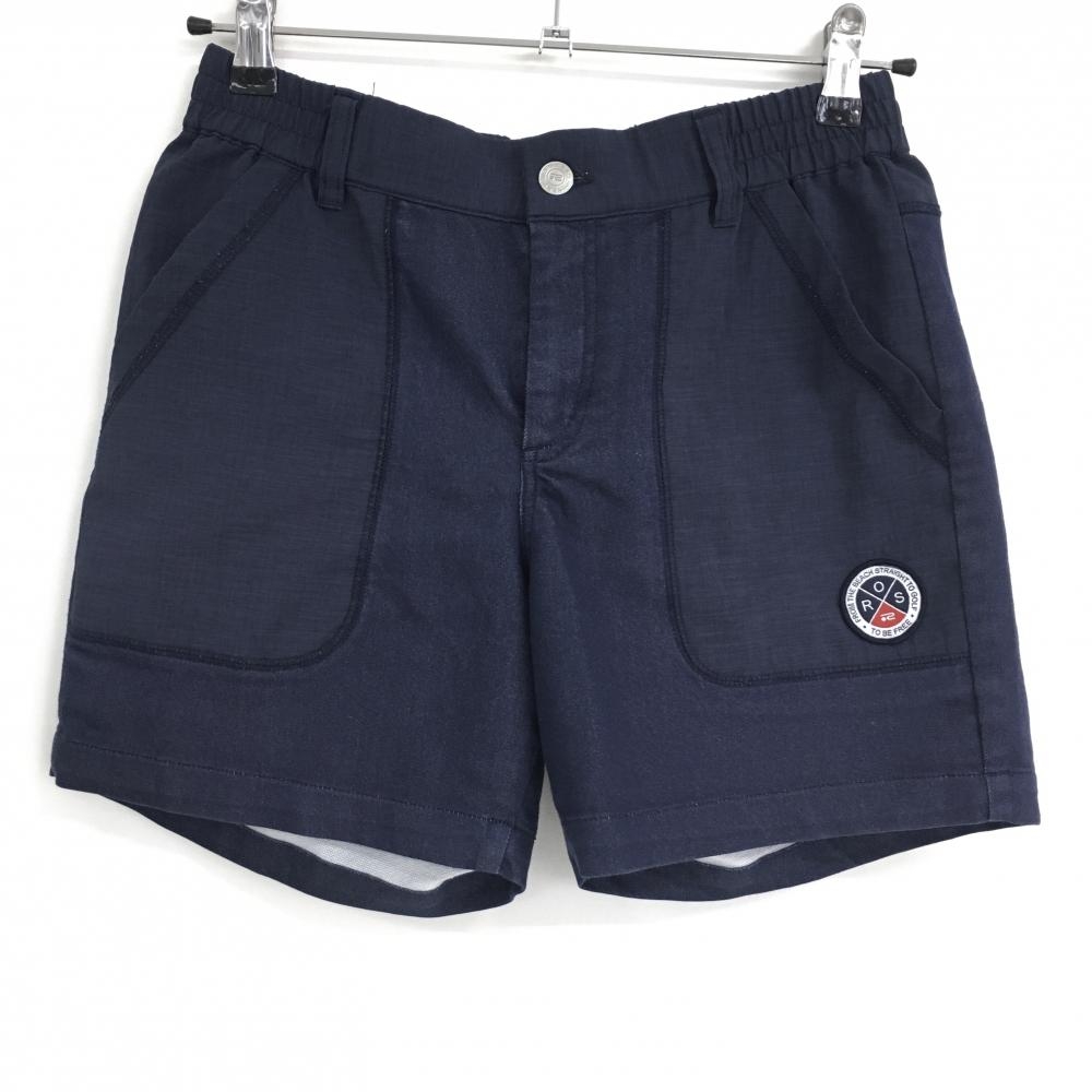 【美品】ロサーセン ショートパンツ ネイビー デニム風 ロゴワッペン レディース M ゴルフウェア Rosasen