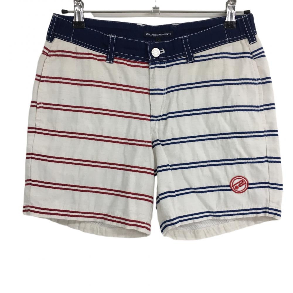 ロサーセン ショートパンツ 白×ネイビー ボーダー柄 ロゴワッペン レディース L ゴルフウェア Rosasen