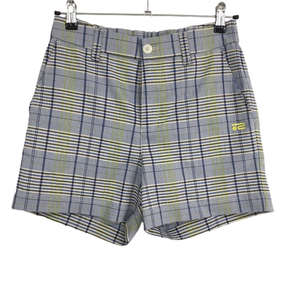ロサーセン ショートパンツ ブルー×イエロー 格子柄 ロゴ刺しゅう ウエスト一部ゴム  レディース 40(M) ゴルフウェア Rosasen