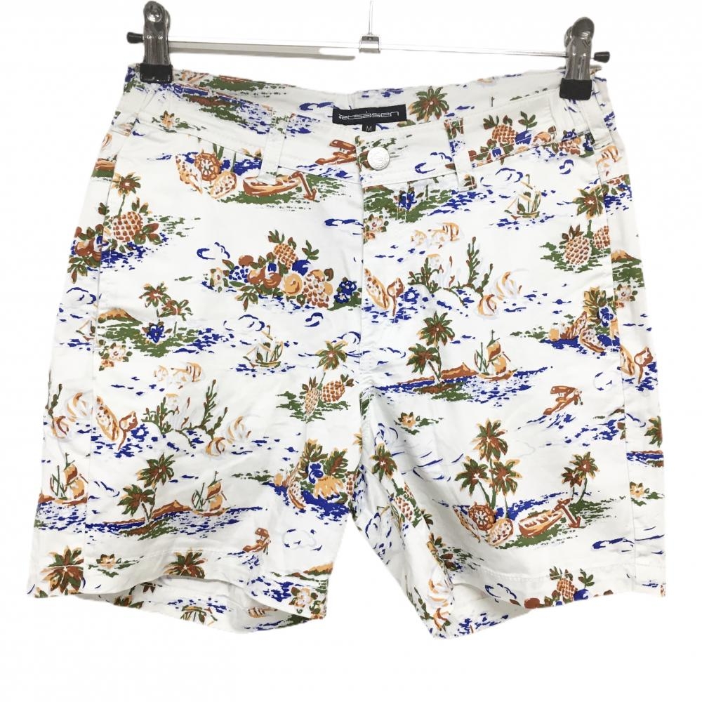 【超美品】ロサーセン ショートパンツ 白×ブルー×ブラウン 総柄 ヤシの木柄 パイナップル柄 レディース M ゴルフウェア Rosasen