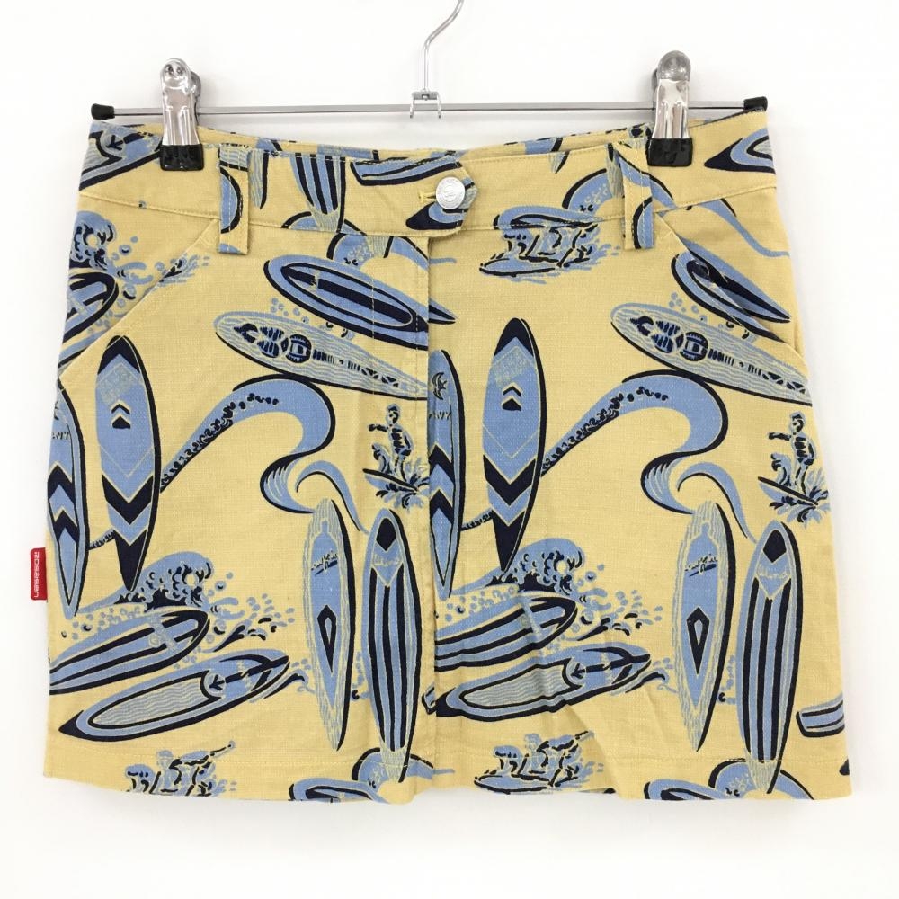 【超美品】ロサーセン スカート イエロー×ライトブルー サーフィンボード柄 総柄 麻混  レディース 38 ゴルフウェア Rosasen