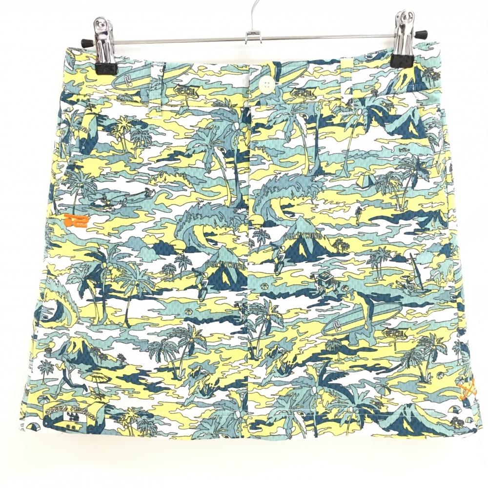 【超美品】ロサーセン スカート 白×グリーン系 ヤシの木柄 山 ロゴ刺しゅう 内側インナーパンツ レディース L ゴルフウェア Rosasen